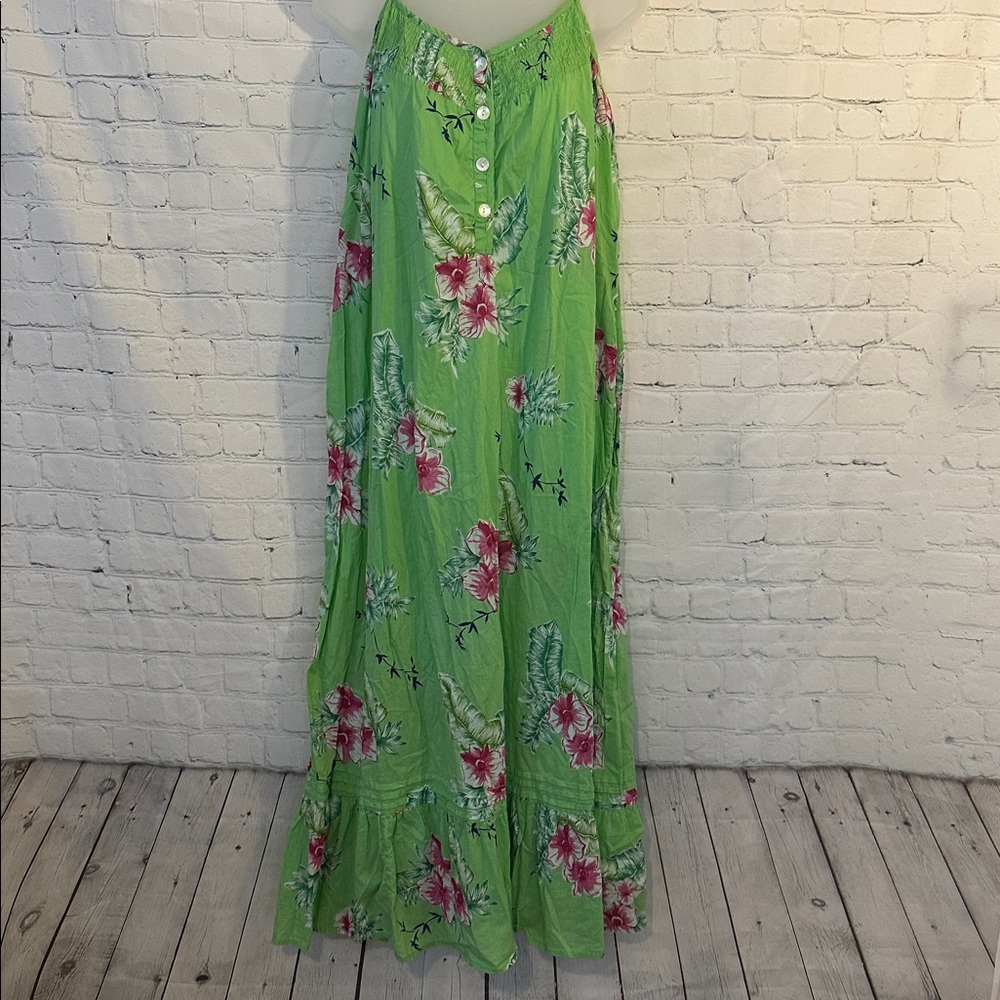 Soft Surroundings Lime Green Floral Maxi Dress with Pink Accents